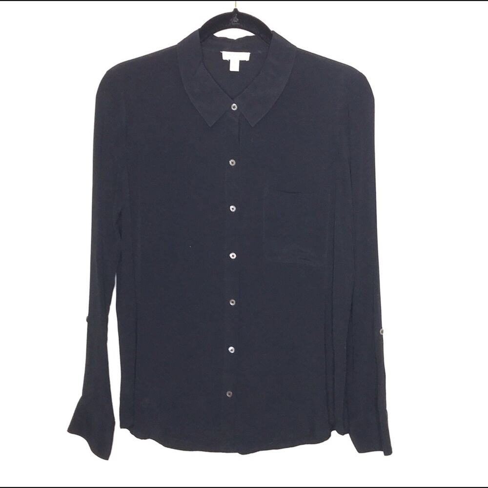 Soft Joie Size Small Black Button Front Tab Long Sleeve Blouse Minimalist